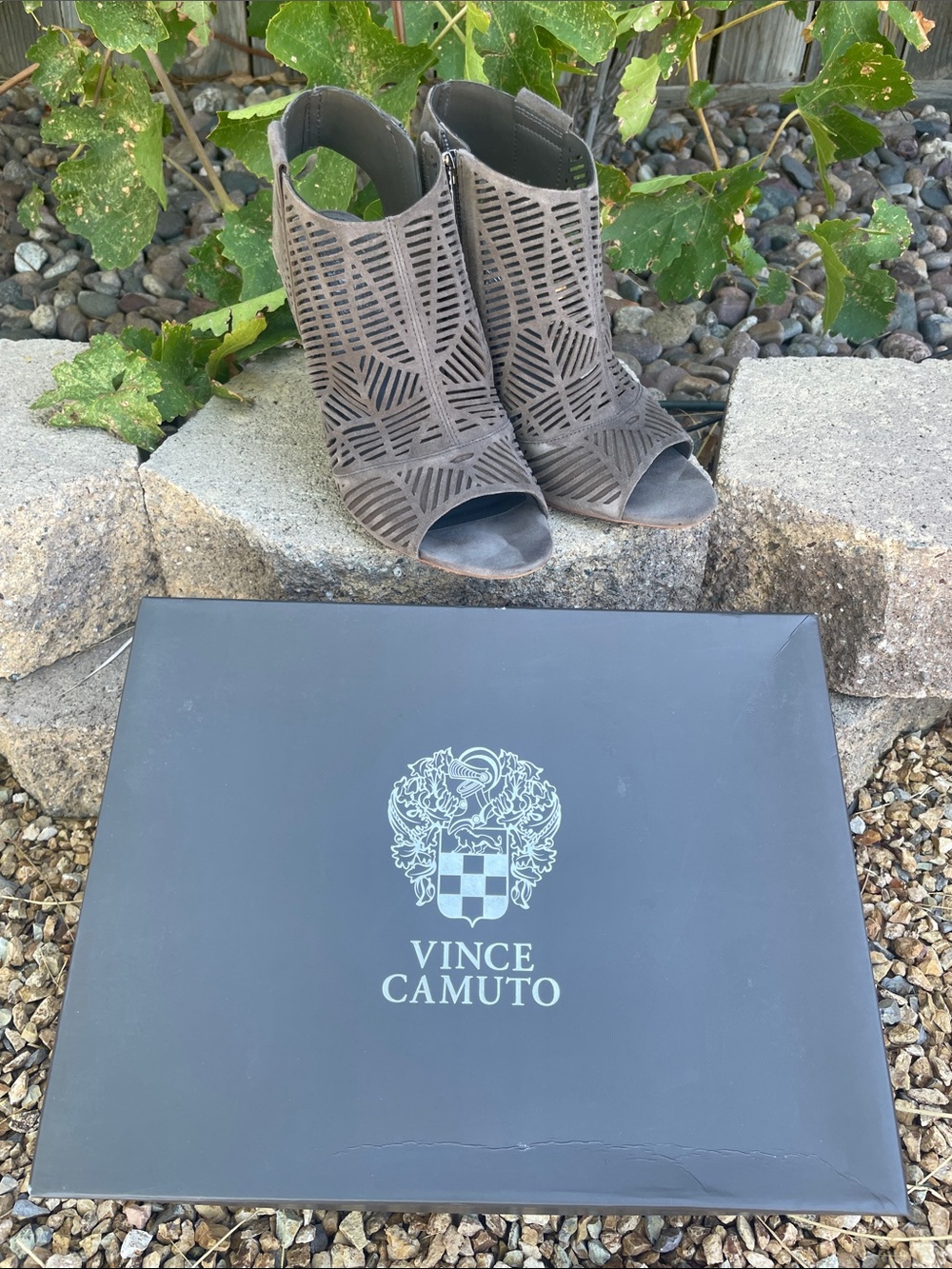 Vince Camuto Taupe Laser-Cut Peep-Toe Booties